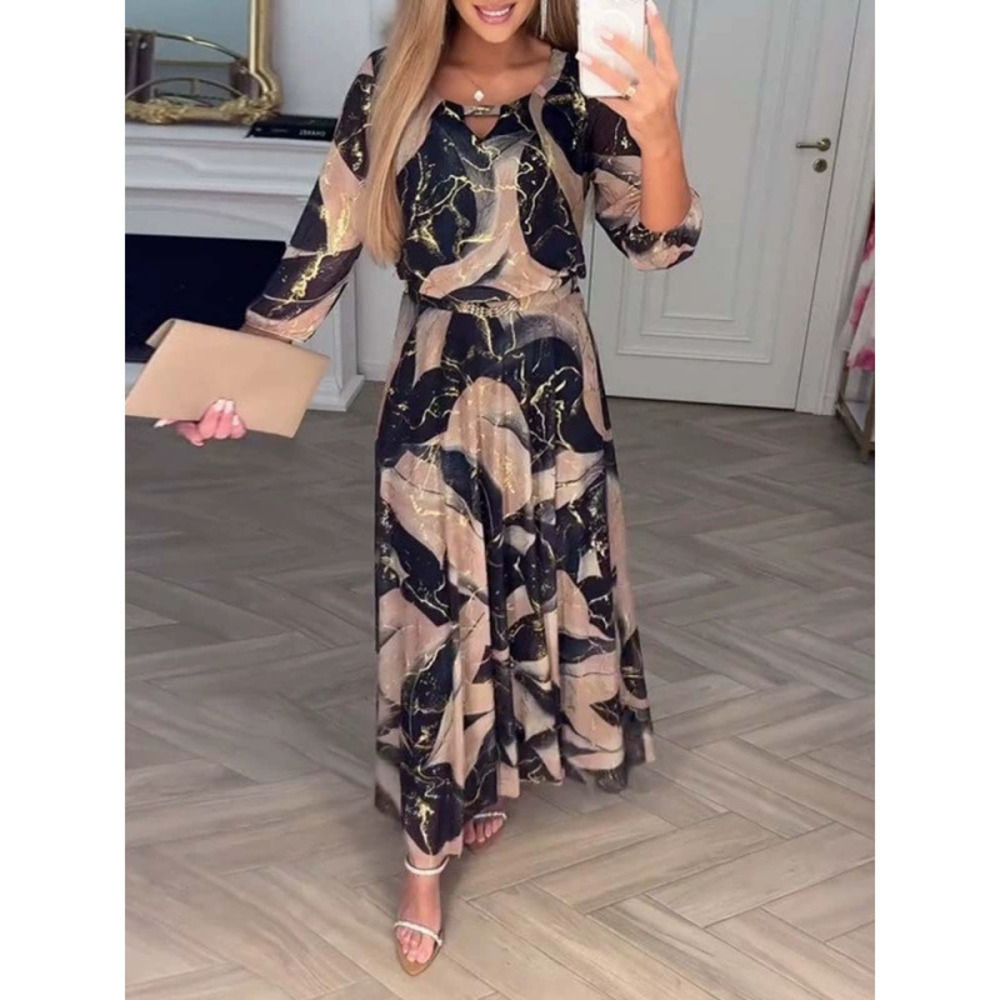 ZARA Summer Elegant Printed Three Quarter Sleeve Cinched Waist Dress